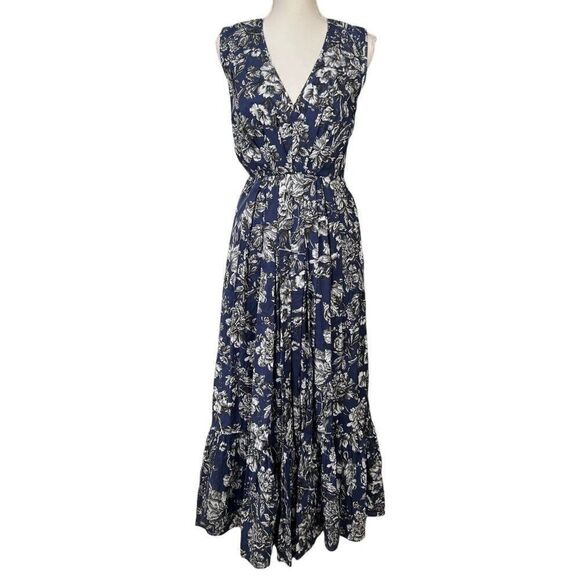 Adam Lippes NWT Floral V Neck Maxi Dress Navy Size 2 - Picture 1 of 12
